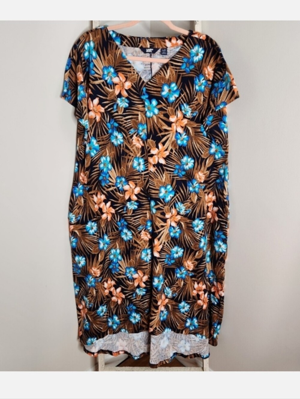 Lands End dress women large 14/16 crinkle knit short sleeve tropical floral midi